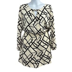 JustFab Abstract Print Long Sleeve Romper Cream Black Elastic Waist M